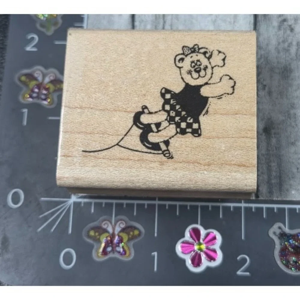 Stampin' Up! Flying Trapeze Bear Swinging Girl Bow Rubber Stamp Wood #F94